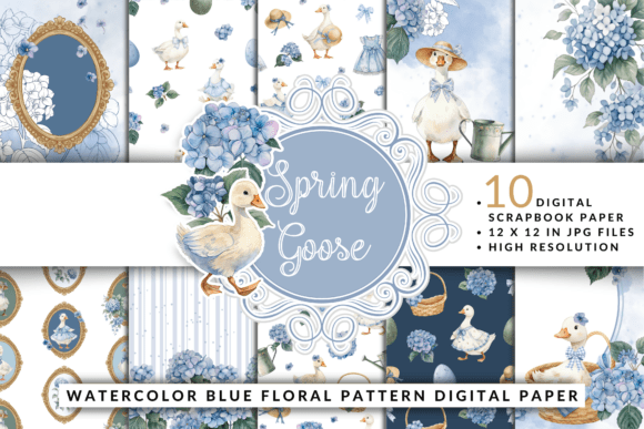 Download Spring Goose Blue Floral Digital Paper - Floral digital paper Collection