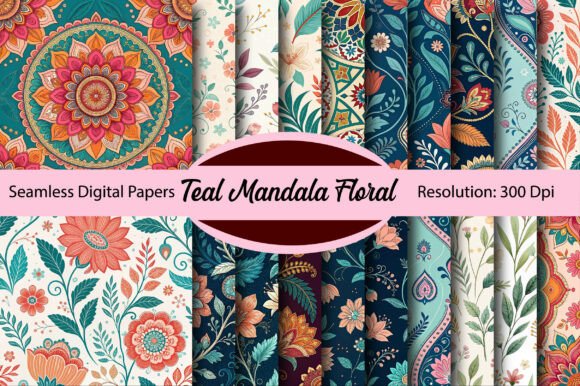 Download Teal Mandala Floral Digital Paper - Premium Bundle